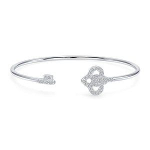 Silver 925 Rhodium Plated Heart & Key Cuff Bangle Bracelet